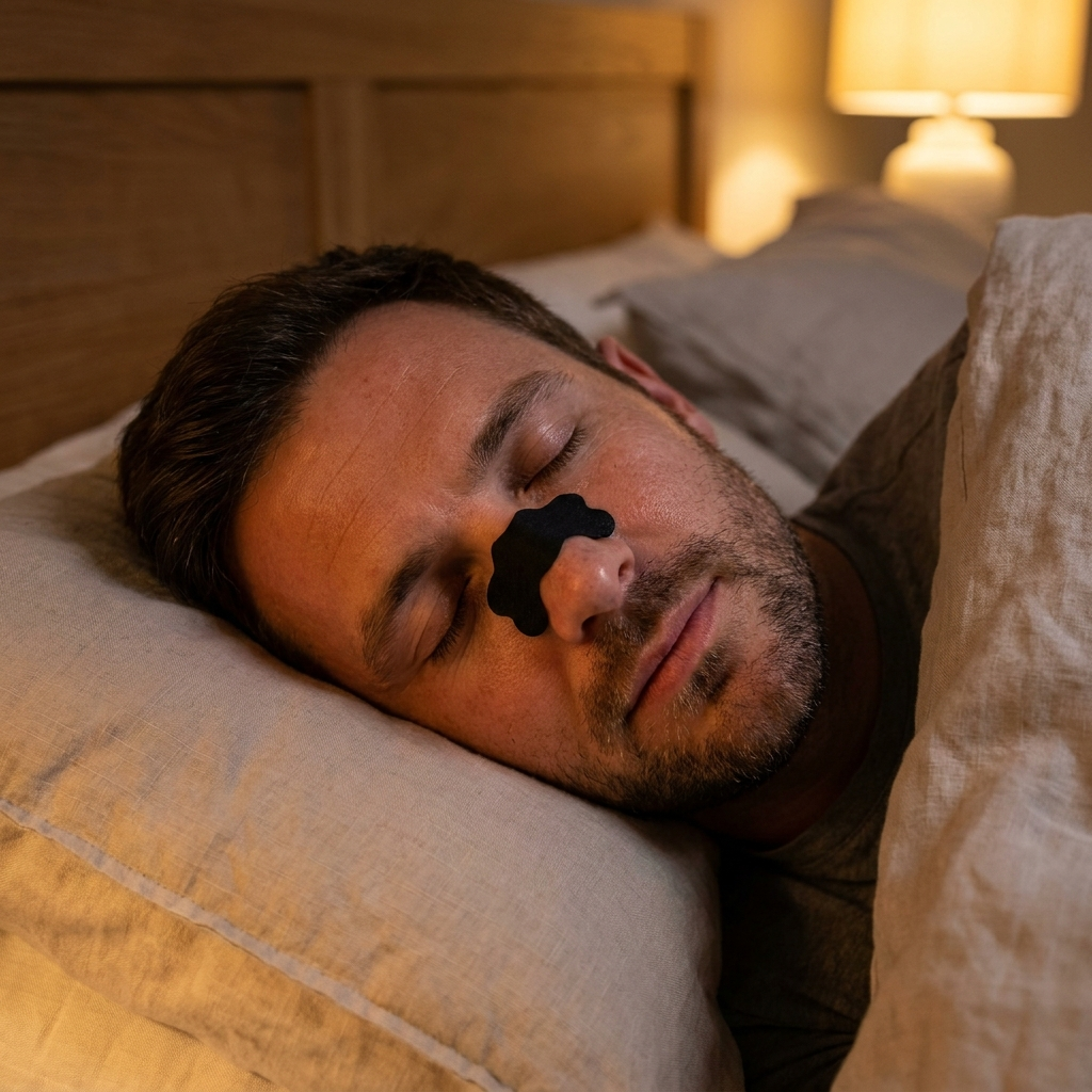 Man sleeping wearing NOXFORM AIR nasal strip at night