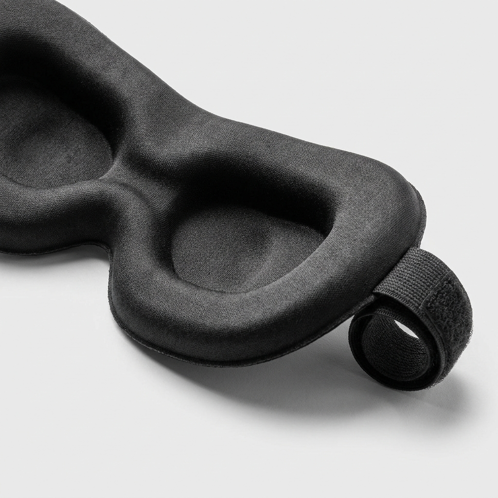 NOXFORM BLACKOUT sleep mask, close-up of contoured eye cups and adjustable strap