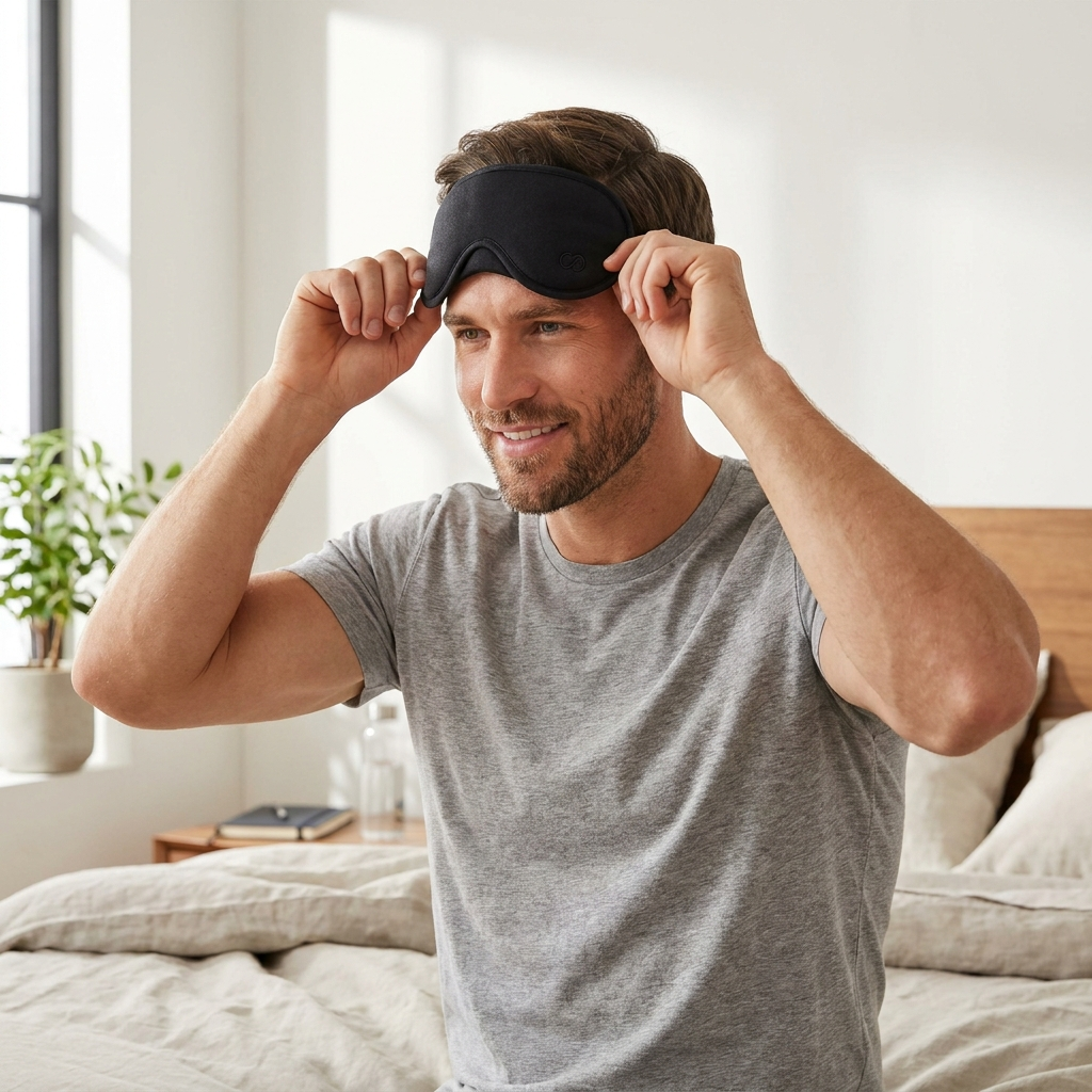 Man putting on the NOXFORM BLACKOUT sleep mask in a bedroom
