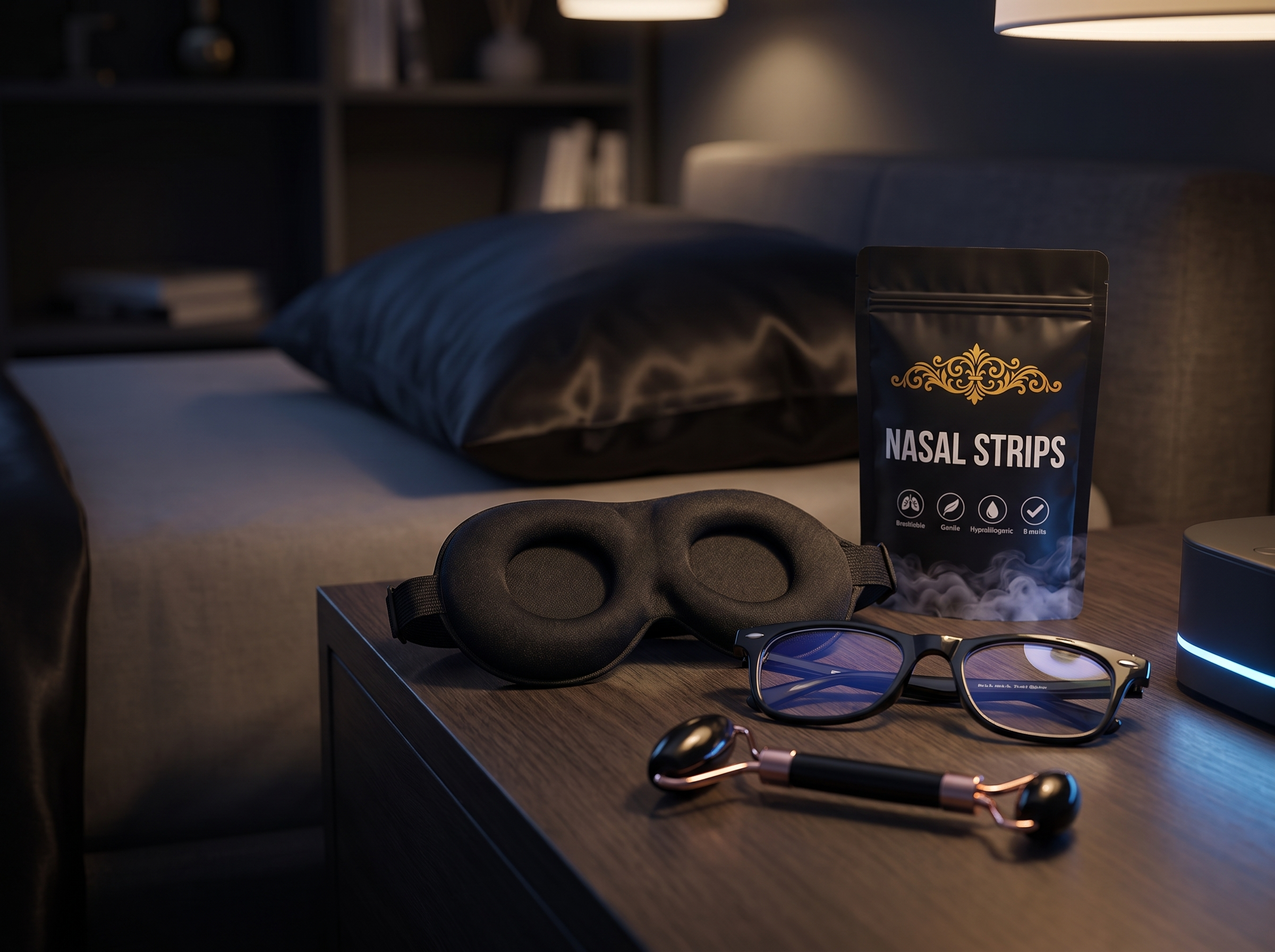Man placing phone face down on nightstand with NOXFORM products