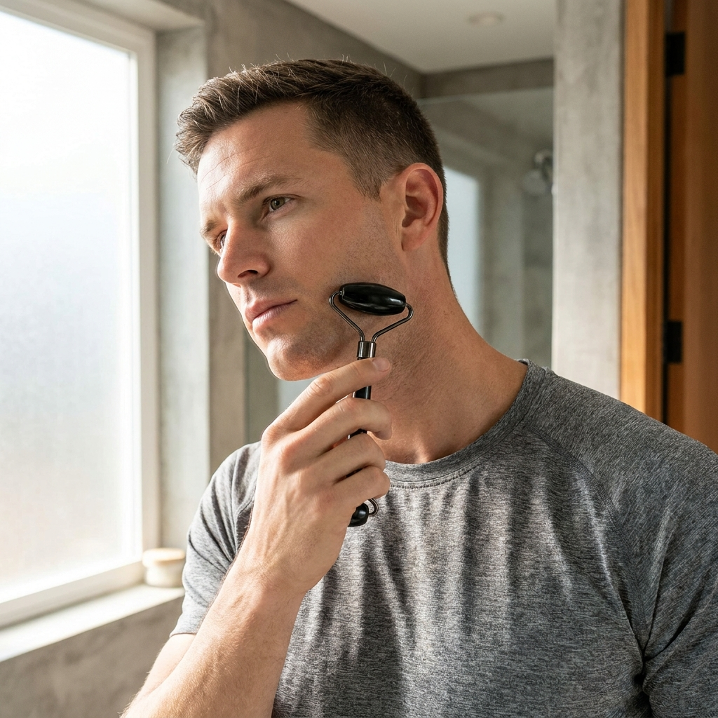 Man using NOXFORM RESET roller on his jawline