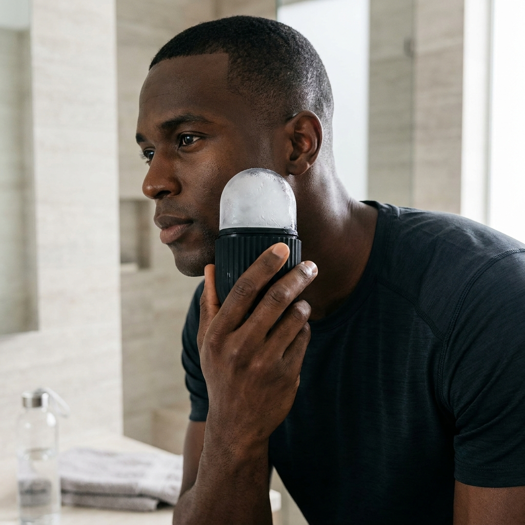 Man using NOXFORM RESET cooling roller on his cheek