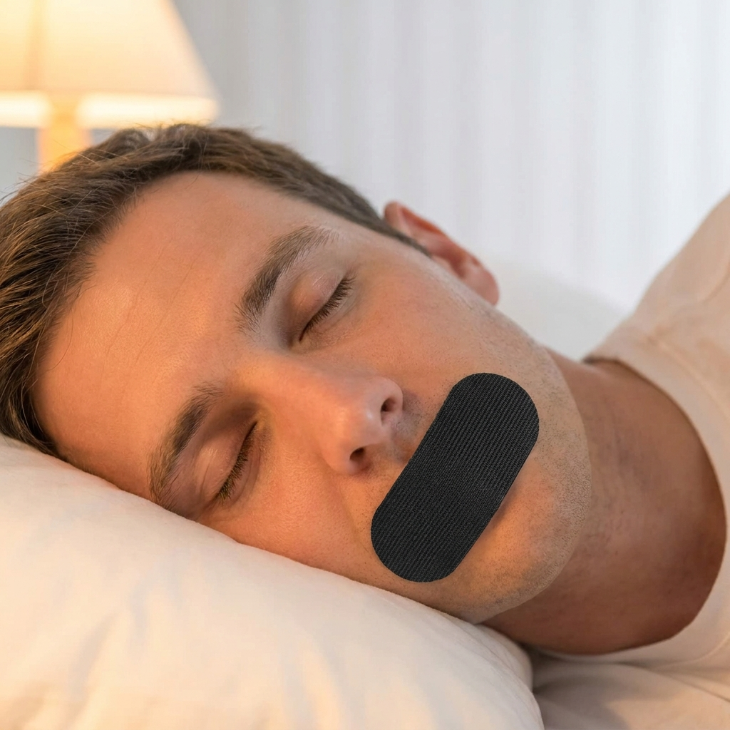 Man sleeping while wearing NOXFORM SEAL mouth tape