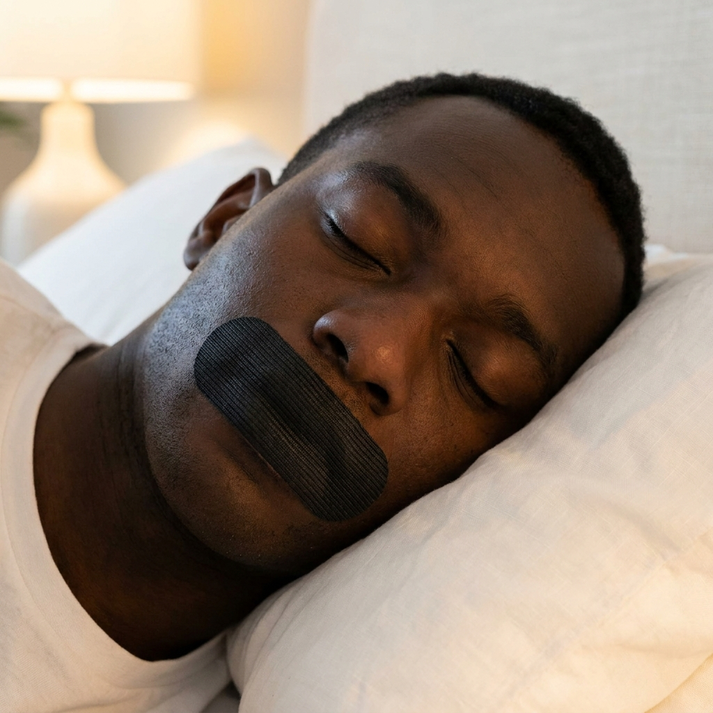 Man sleeping peacefully wearing NOXFORM SEAL mouth tape