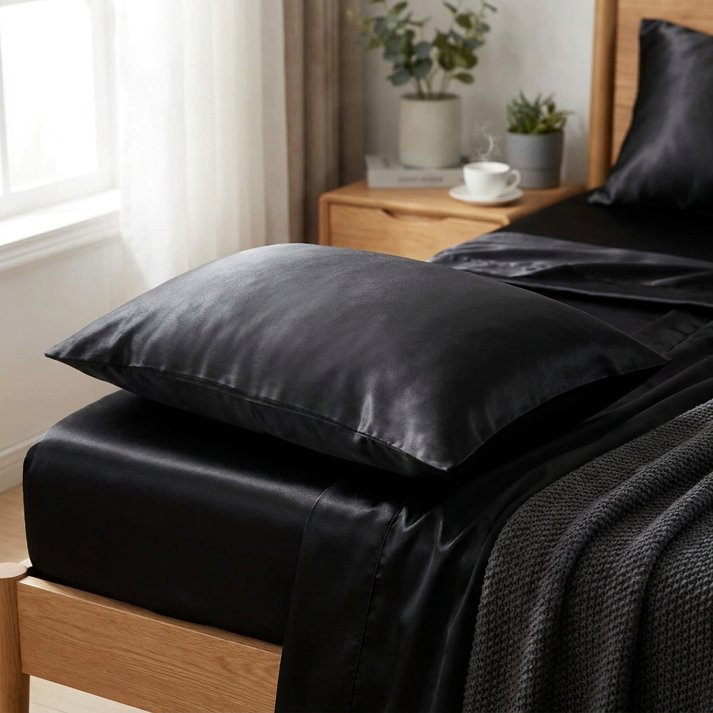 NOXFORM SURFACE satin pillowcase on a bed in a modern bedroom